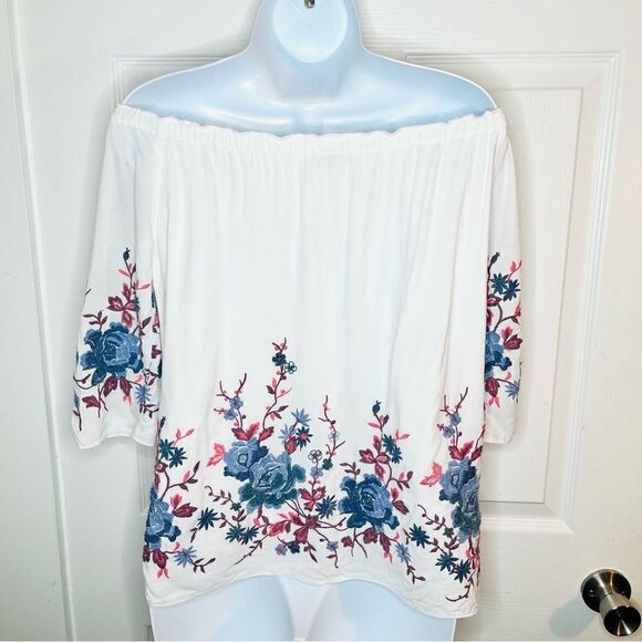 Drew Off the Shoulder Floral Pink and Blue Embroidered Top Ivory White S - Picture 9 of 13